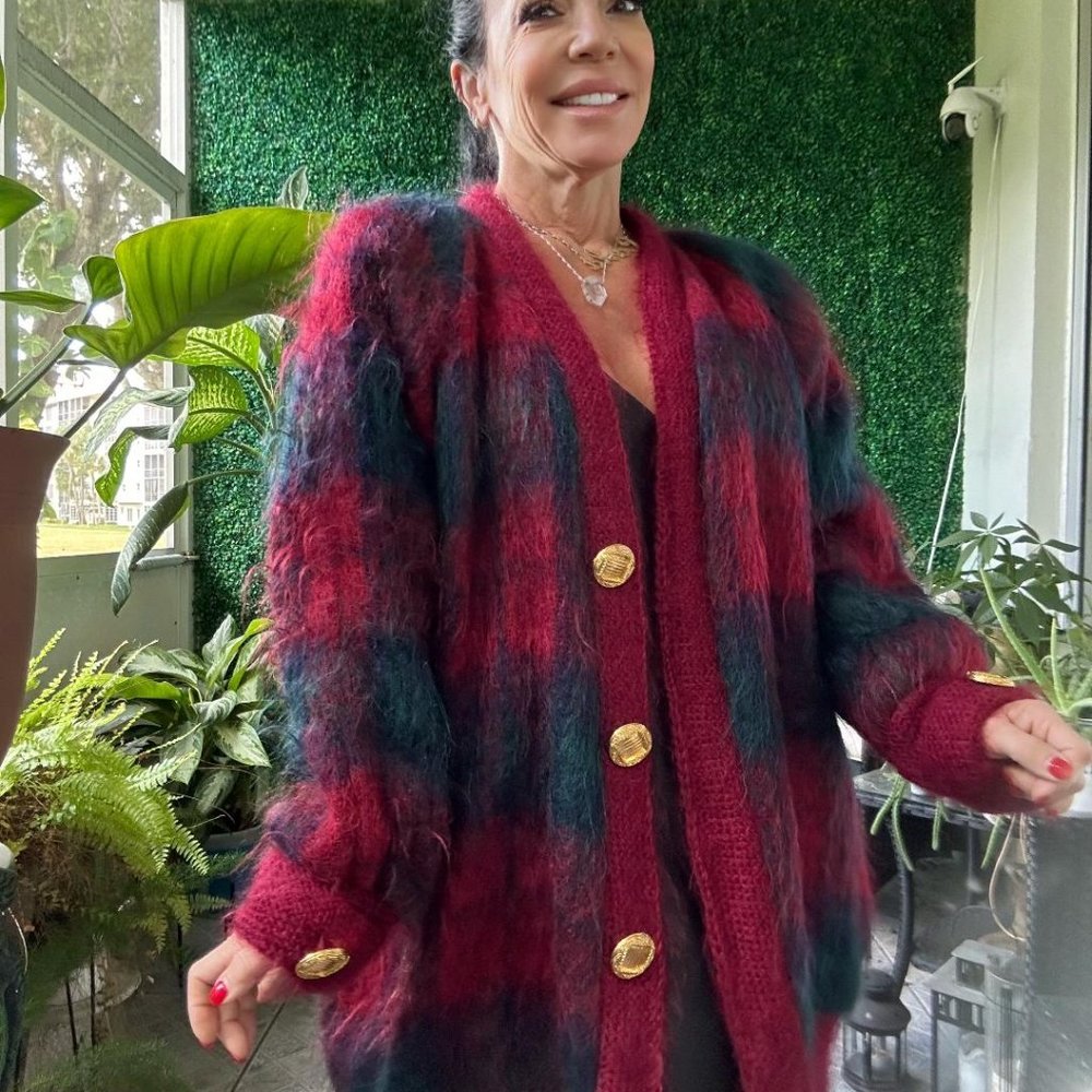 ANN ARUNDELL Tartan Slouchy Mohair Long SCOTLAND Cardigan Outwear Coat House of